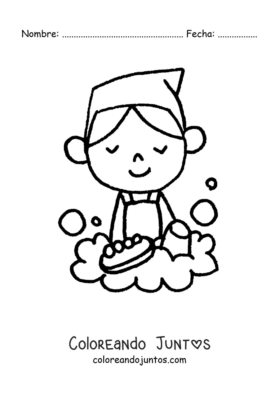Imagen para colorear de un niño lavando platos con una esponja