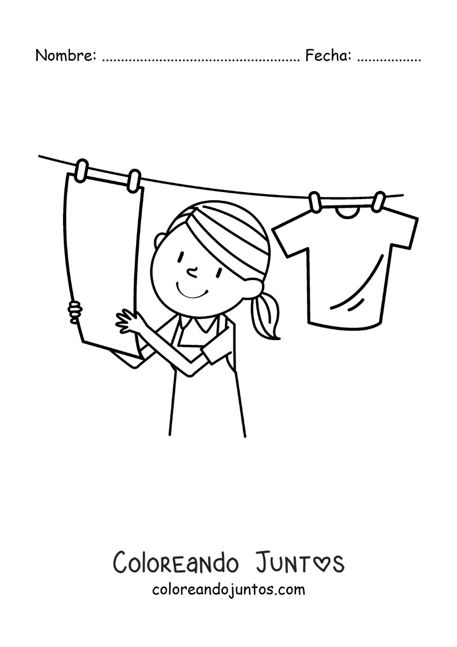 Imagen para colorear de una niña colgando la ropa limpia en el tendedero