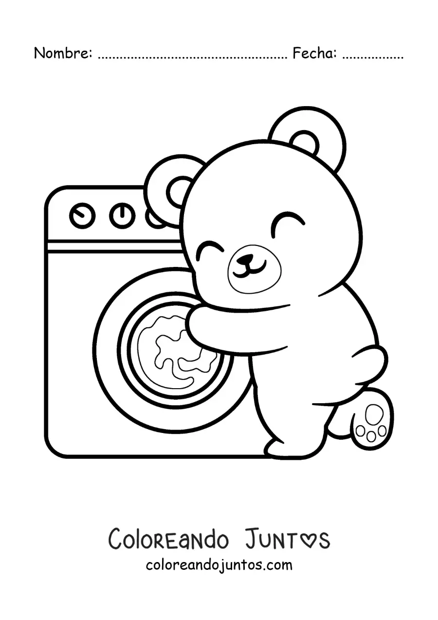 Imagen para colorear de un oso animado lavando la ropa en la lavadora