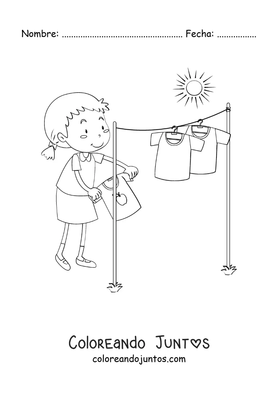 Imagen para colorear de una niña animada secando la ropa al sol en el tendedero