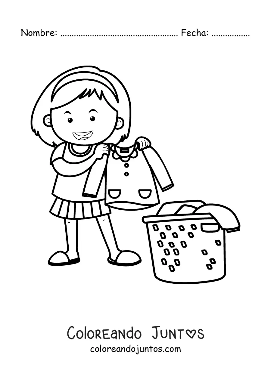 Imagen para colorear de una niña recogiendo la ropa lavada en un cesto