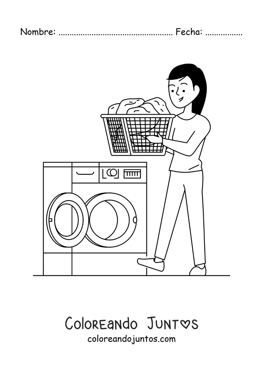 Imagen para colorear de una chica llevando un cesto de ropa a la lavadora