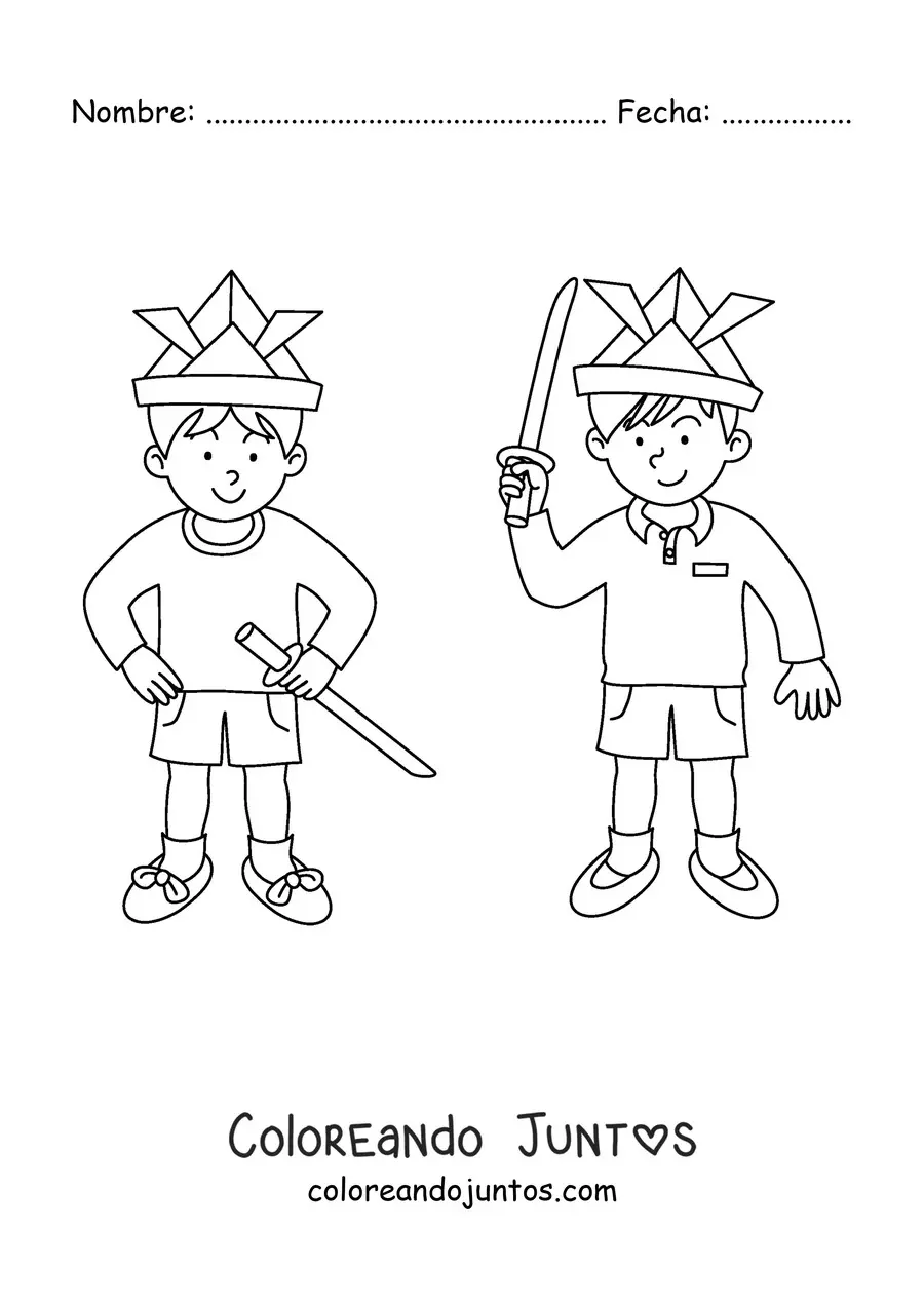 Imagen para colorear de dos niños jugando con espadas de juguete