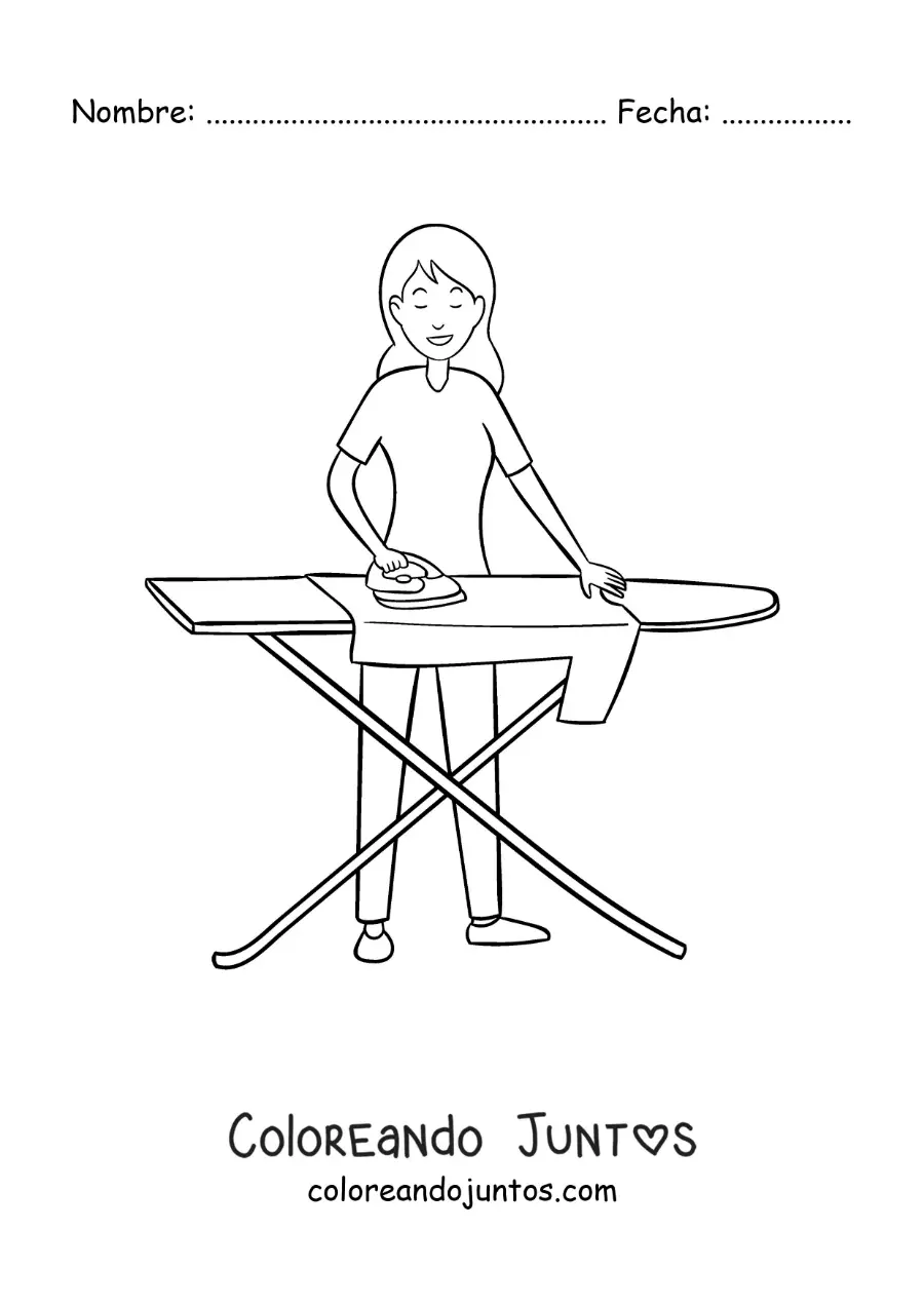 Imagen para colorear de una chica planchando una camisa en una tabla de planchar