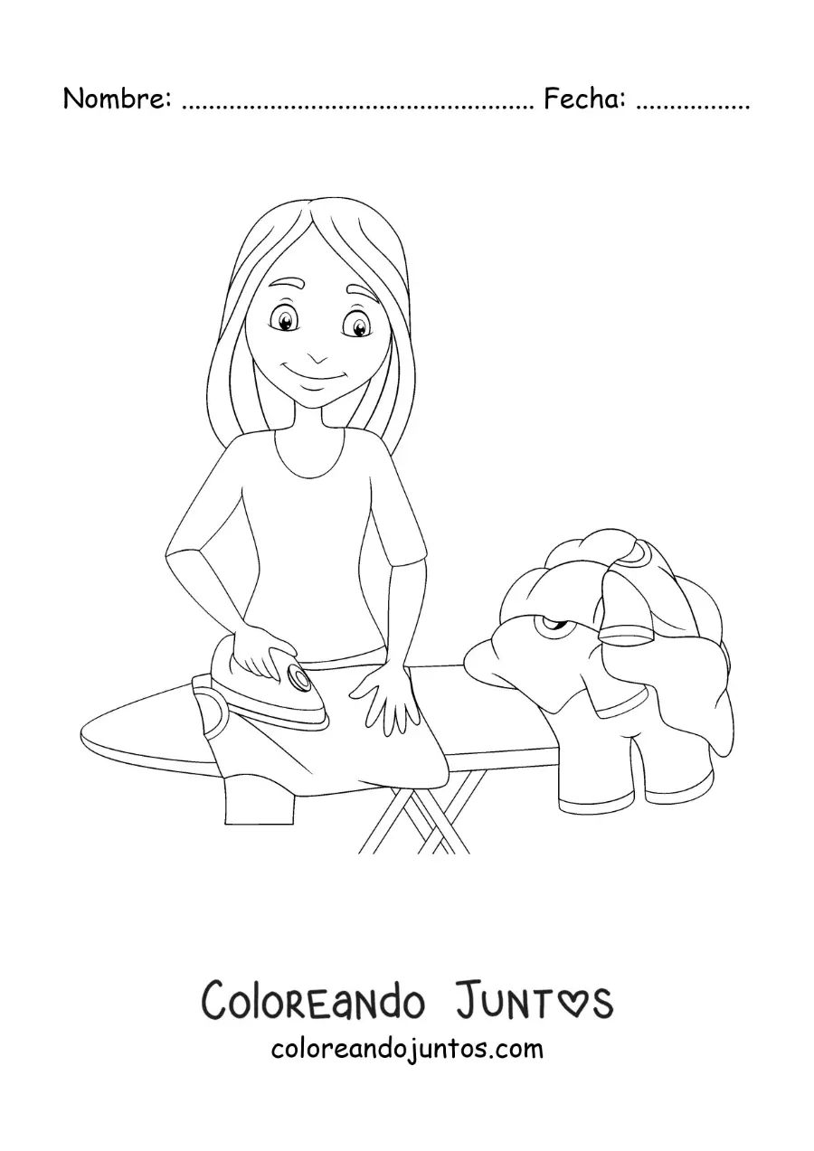 Imagen para colorear de una joven planchando ropa en una tabla de planchar