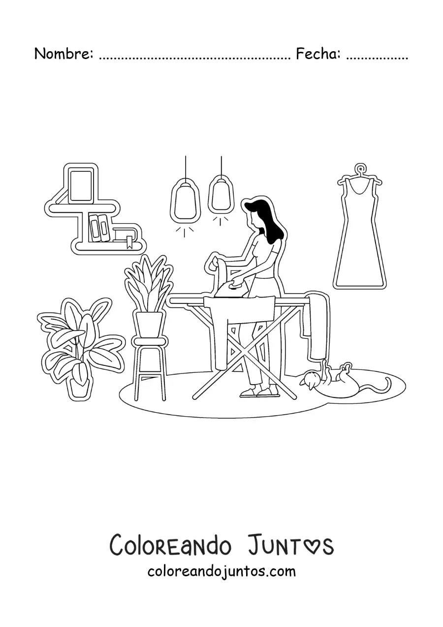Imagen para colorear de la silueta de una mujer planchando ropa en casa