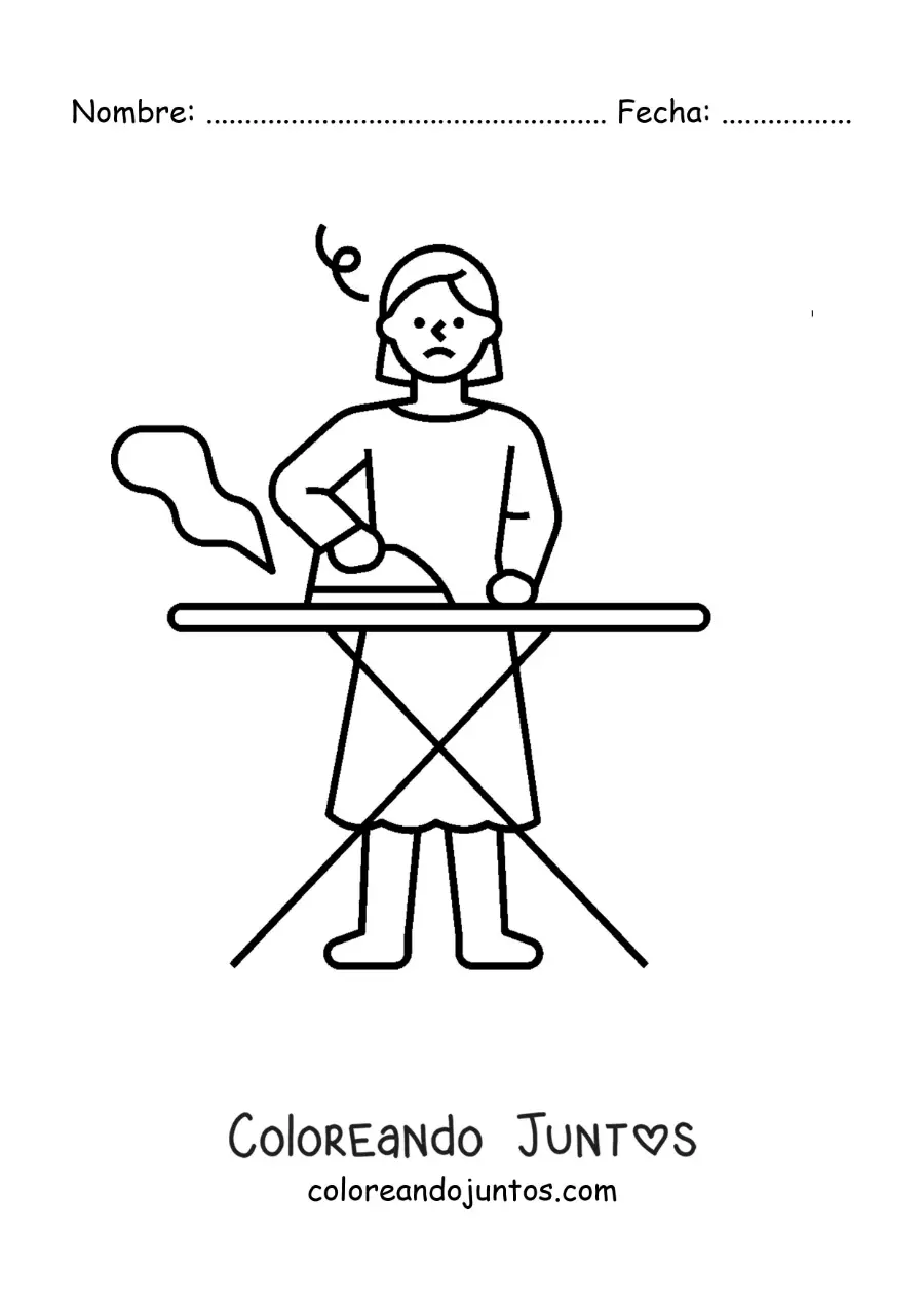 Imagen para colorear de una mujer planchando ropa en una tabla de planchar