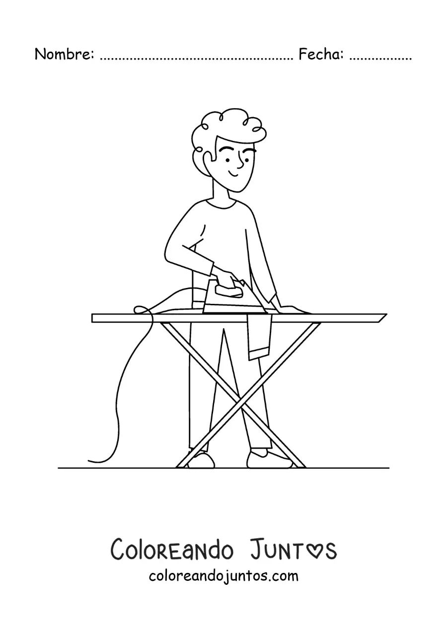 Imagen para colorear de un chico joven planchando ropa en una tabla de planchar
