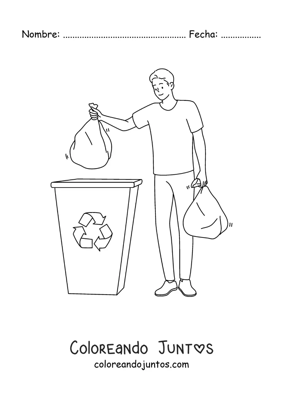 Imagen para colorear de un chico llevando bolsas de basura a una papelera de reciclaje