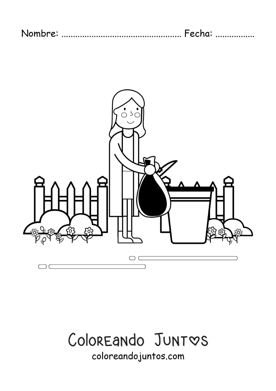 Imagen para colorear de una mujer tirando una bolsa de basura en el contenedor