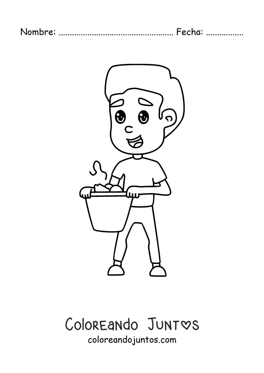 Imagen para colorear de un chico con un cesto de basura