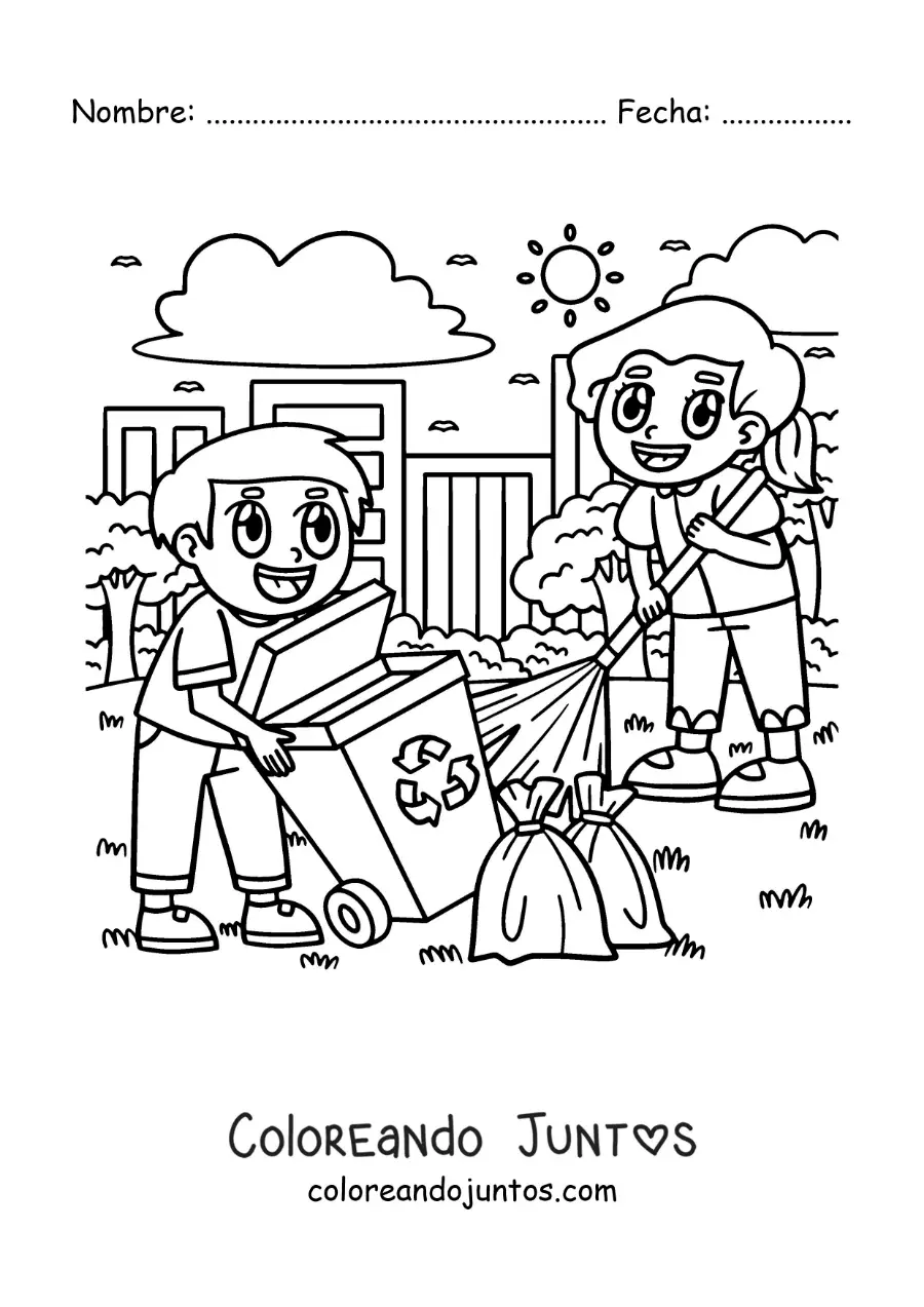 Imagen para colorear de dos niños barriendo el patio y sacando la basura