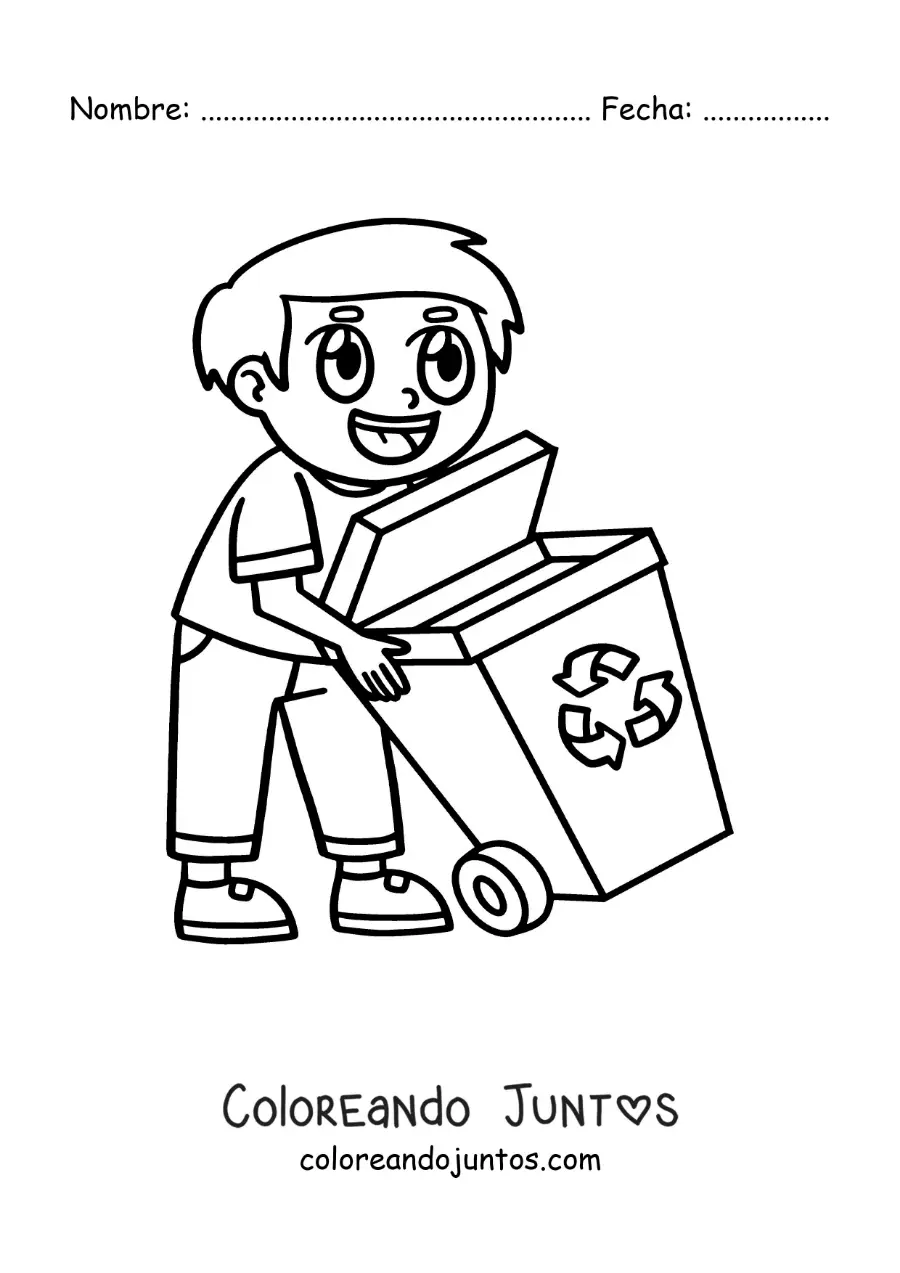 Imagen para colorear de un niño llevando un contenedor de reciclaje