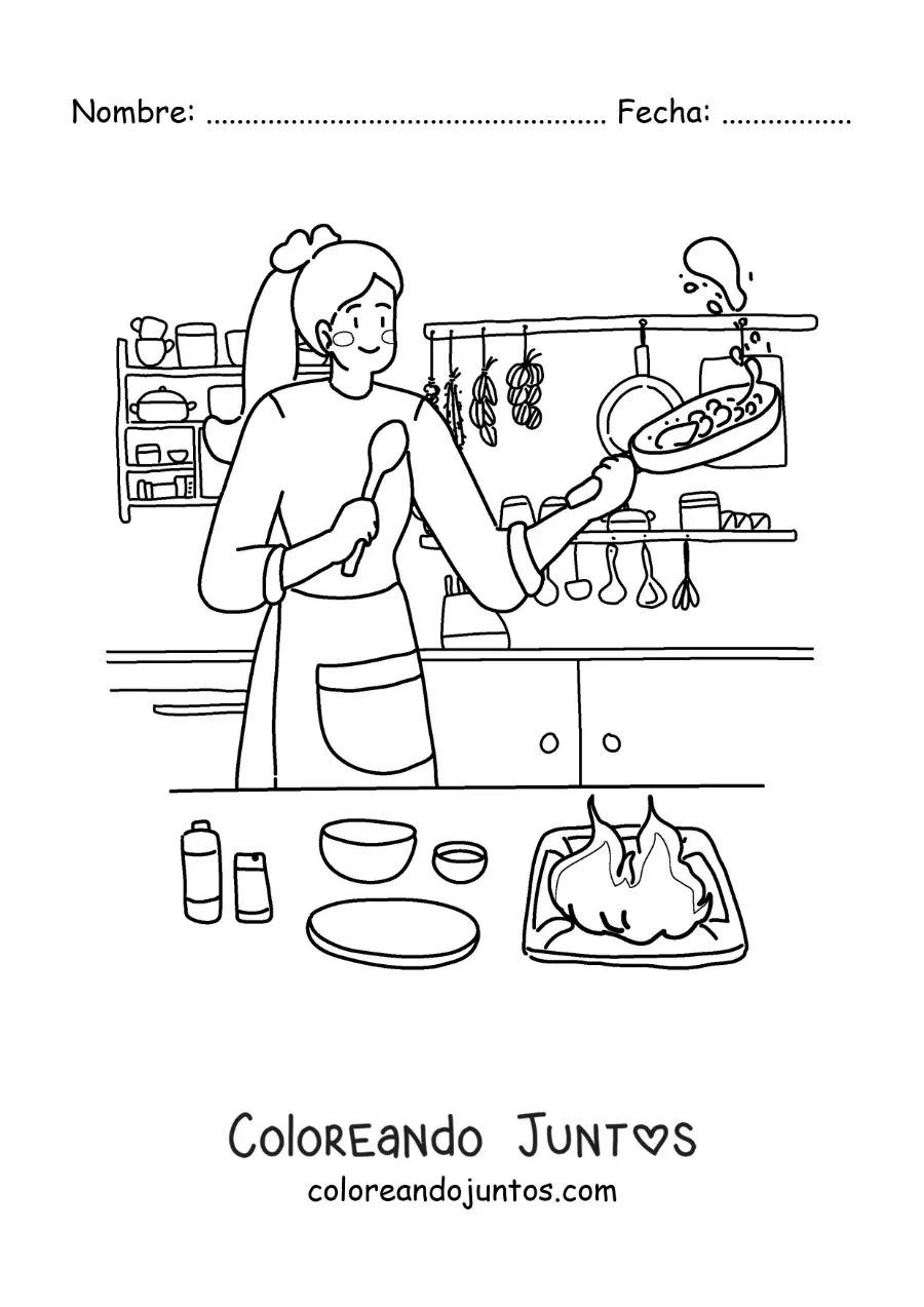 Imagen para colorear de una mujer cocinando en casa