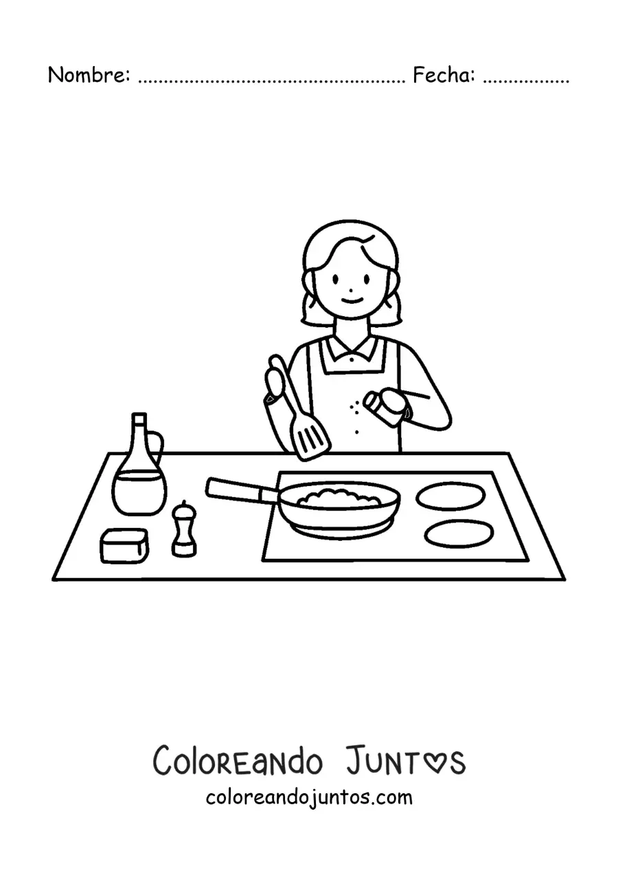 Imagen para colorear de una chica cocinando en un sartén