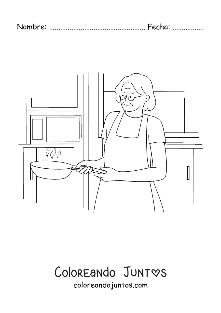 Imagen para colorear de una abuela cocinando en un sartén en la cocina