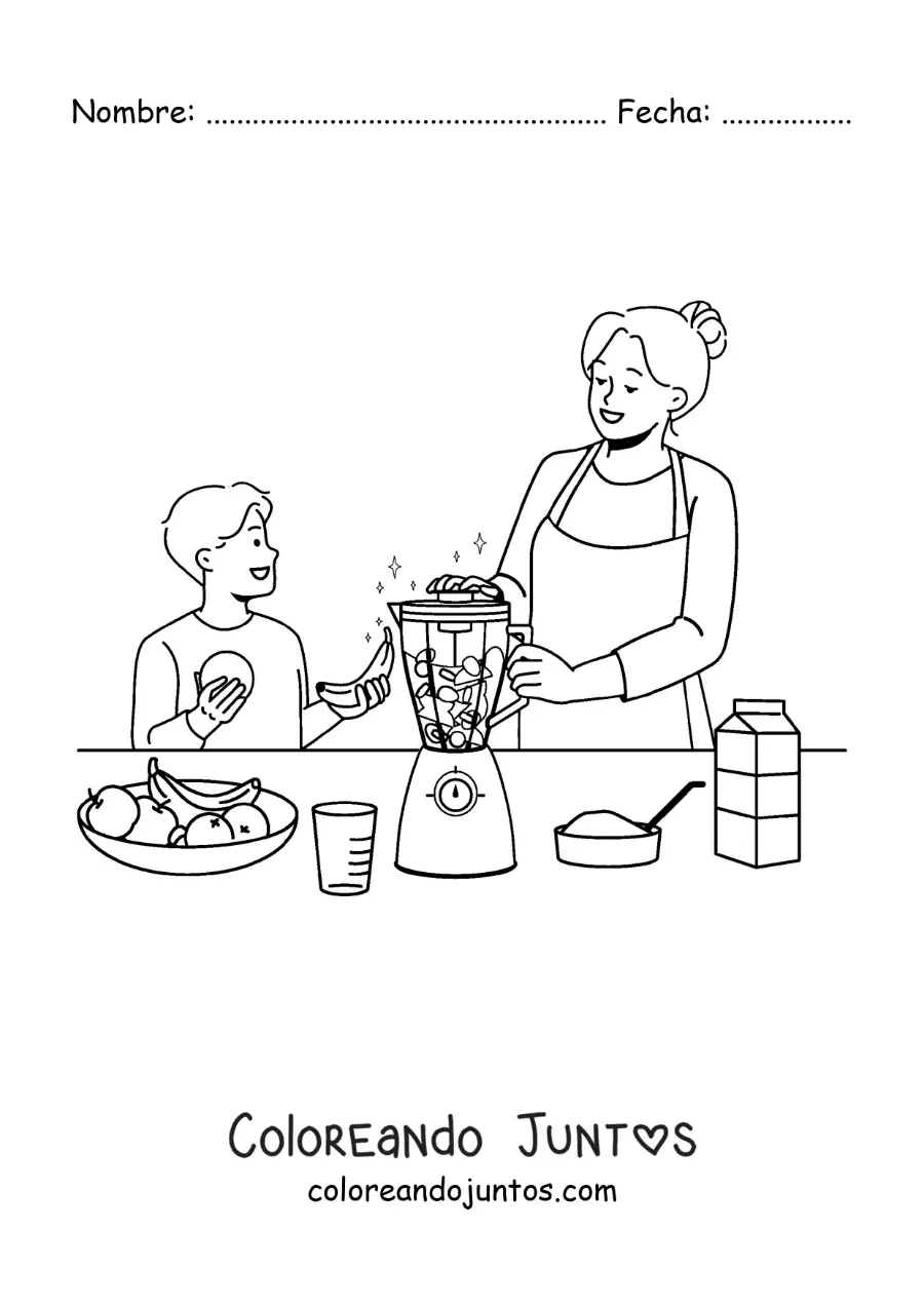 Imagen para colorear de una mamá y su hijo preparando un batido en la licuadora