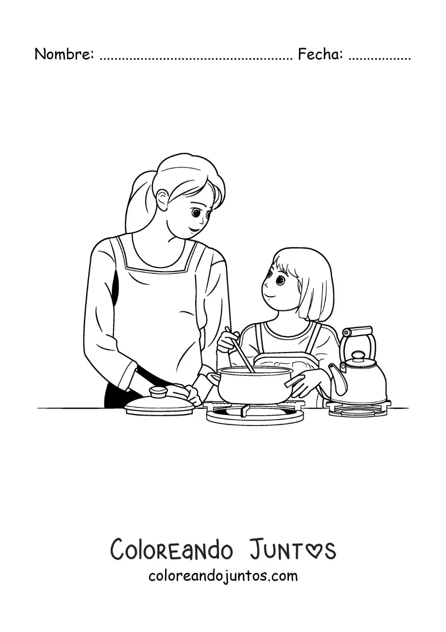 Imagen para colorear de una niña ayudando a su madre a cocinar