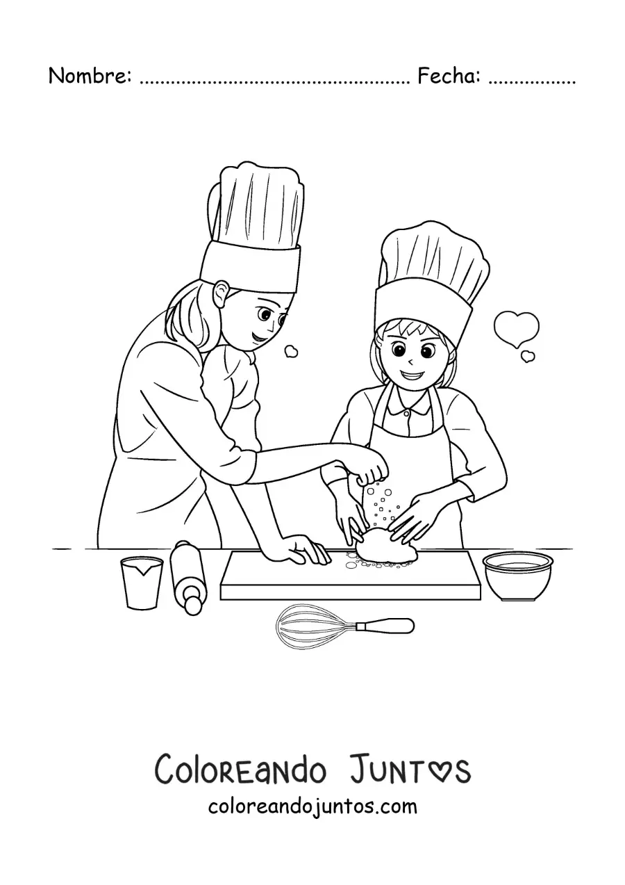 Imagen para colorear de una madre ayudando a su hija a cocinar un postre