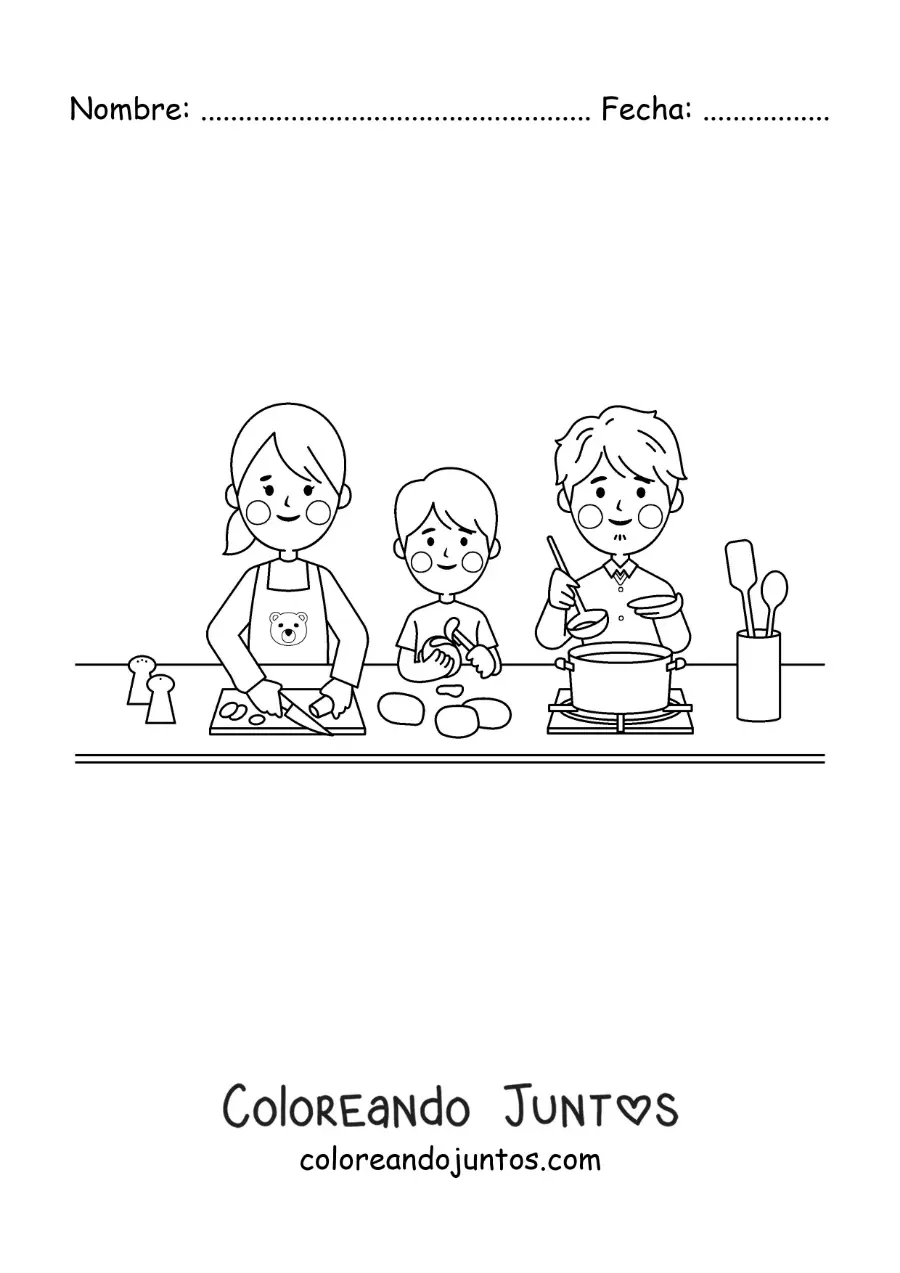 Imagen para colorear de una familia kawaii cocinando en casa