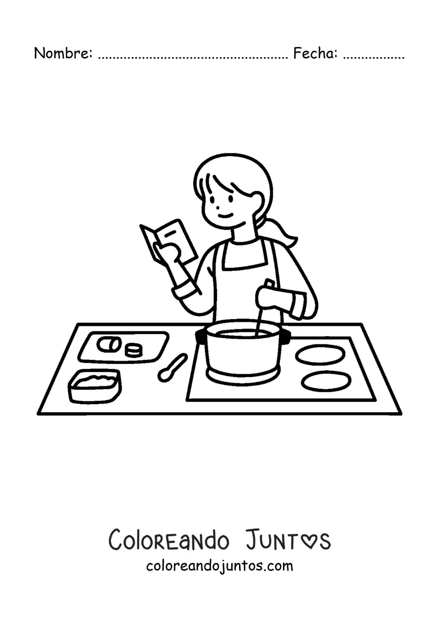 Imagen para colorear de una mujer siguiendo una receta de cocina