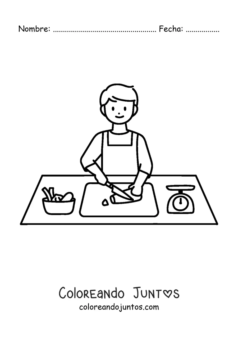 Imagen para colorear de un hombre rebanando vegetales en la cocina
