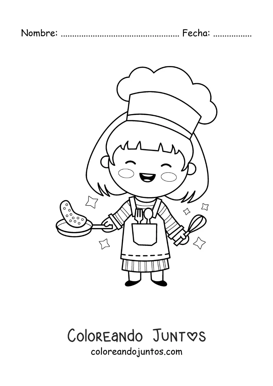 Imagen para colorear de una niña kawaii cocinando un omelette