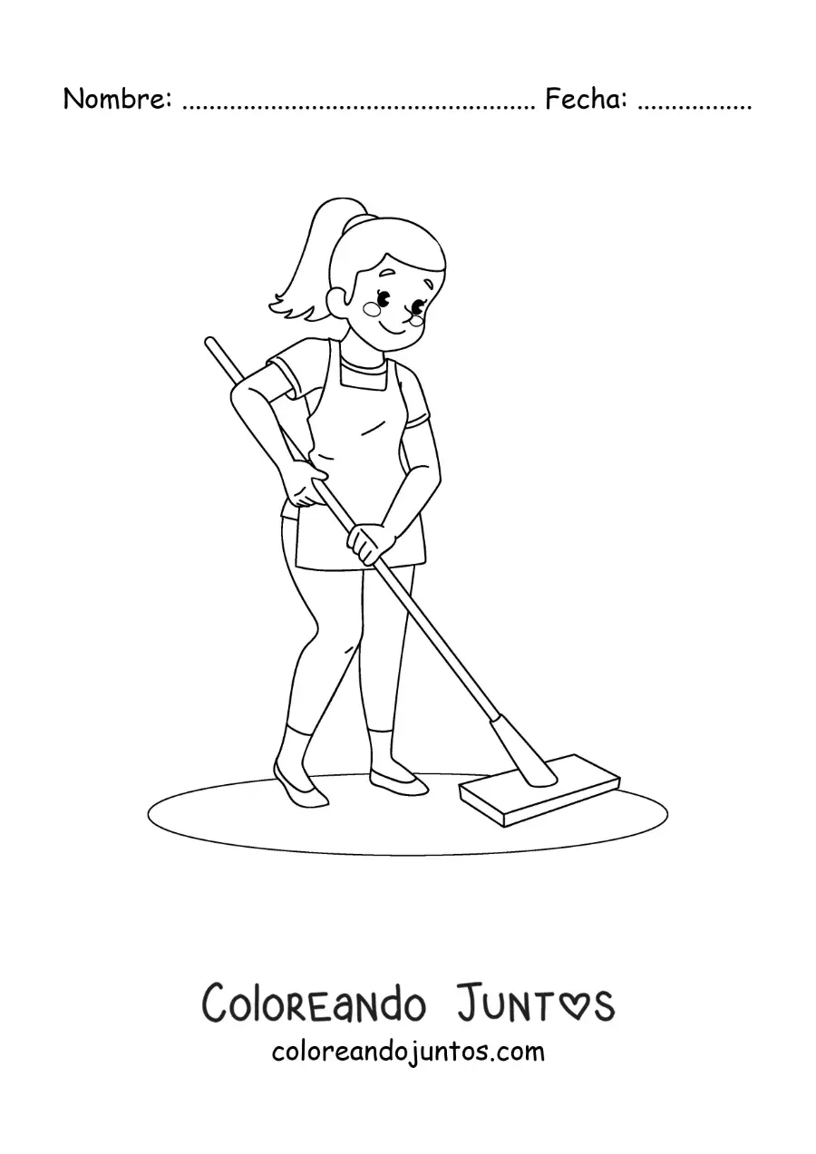 Imagen para colorear de una madre limpiando el piso con una fregona