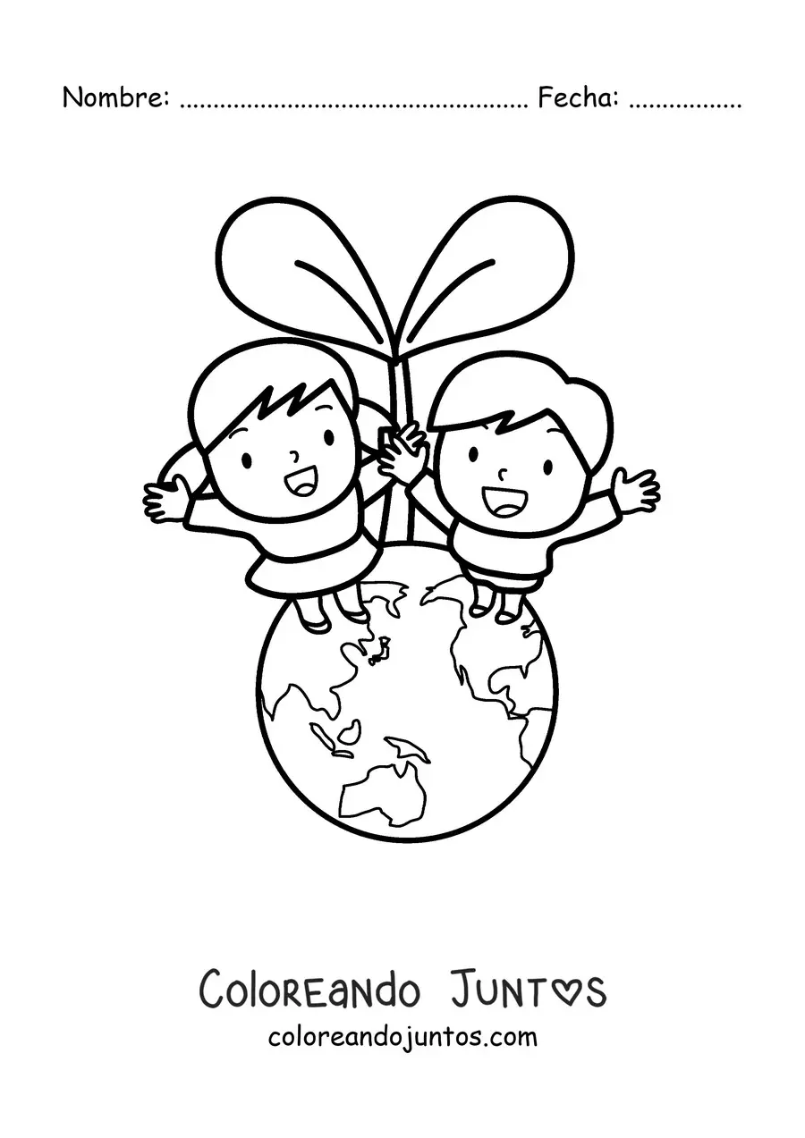Imagen para colorear de dos niños cuidando el planeta