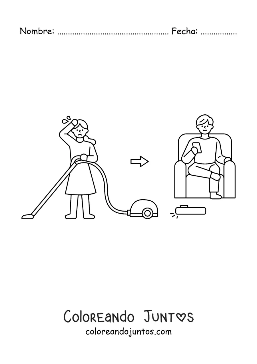 Imagen para colorear de una mujer aspirando la casa vs un hombre con un robot aspirador