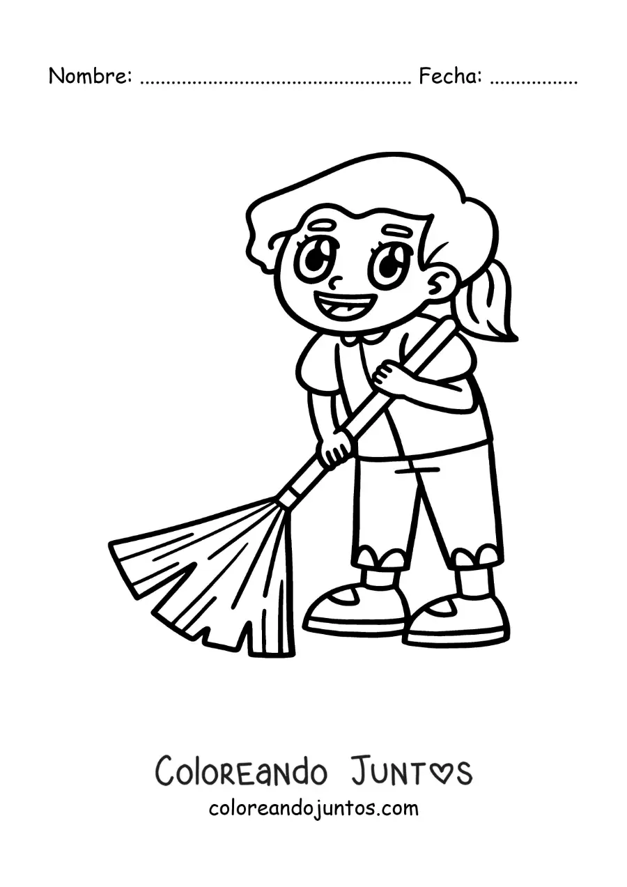 Imagen para colorear de una niña kawaii ayudando a barrer en casa