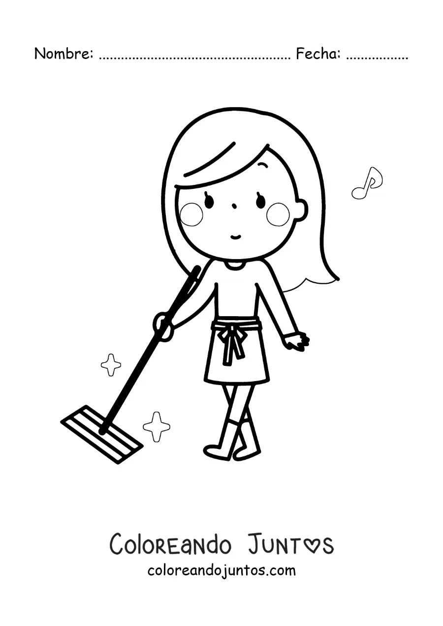 Imagen para colorear de una mujer kawaii limpiando el piso con una fregona