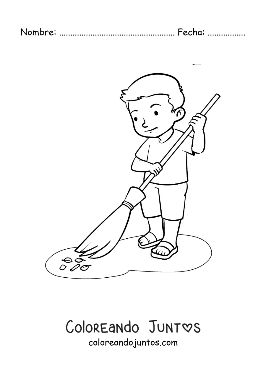 Imagen para colorear de un niño barriendo el polvo en casa