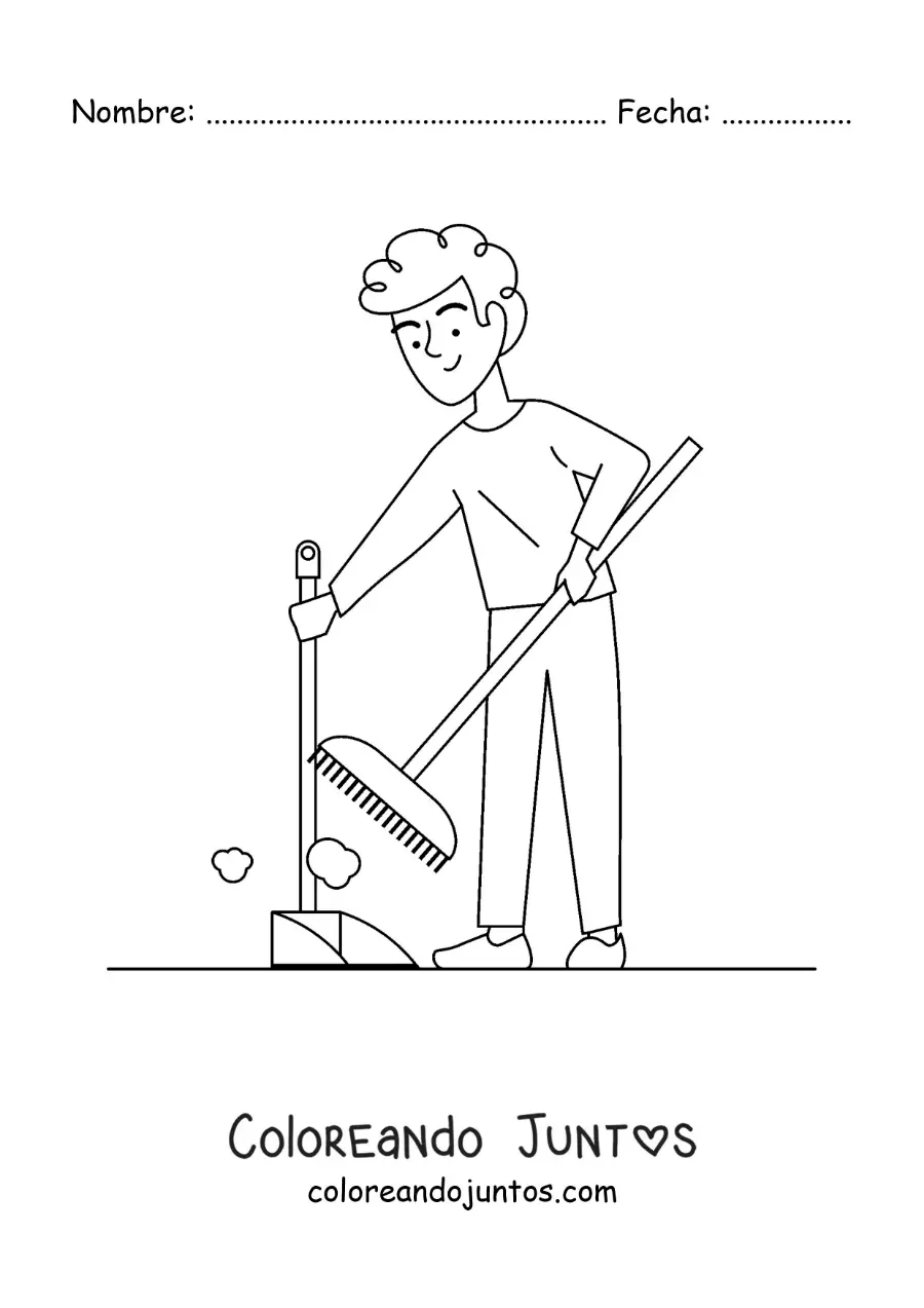 Imagen para colorear de un chico barriendo el polvo en casa con una pala
