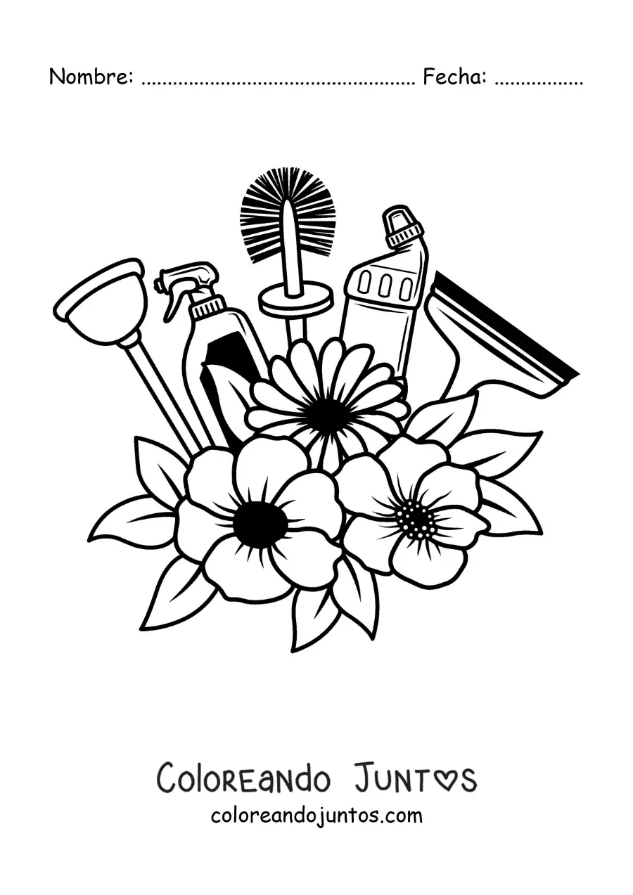 Imagen para colorear de artículos para la limpieza del baño con flores