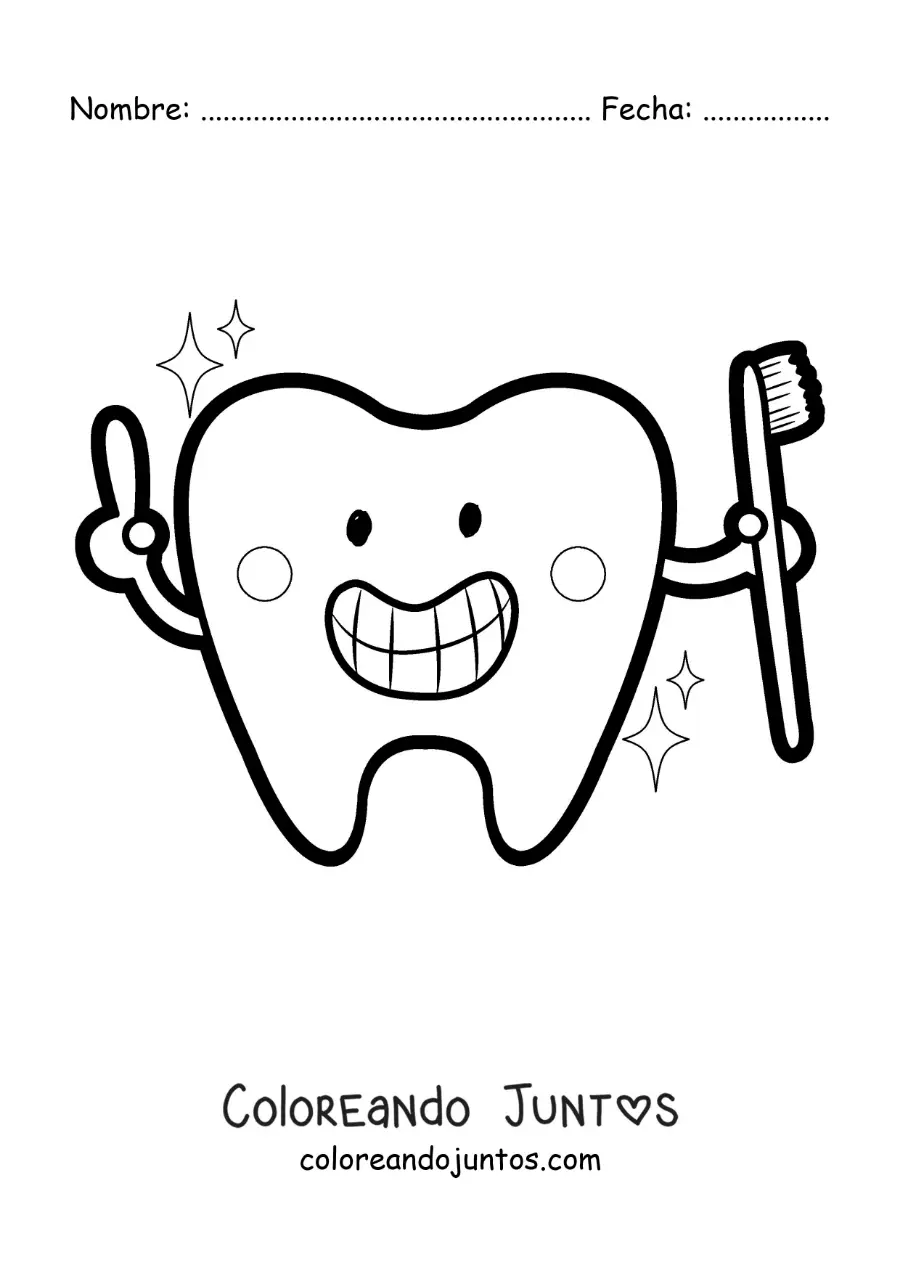 Imagen para colorear de un diente animado kawaii con un cepillo de dientes