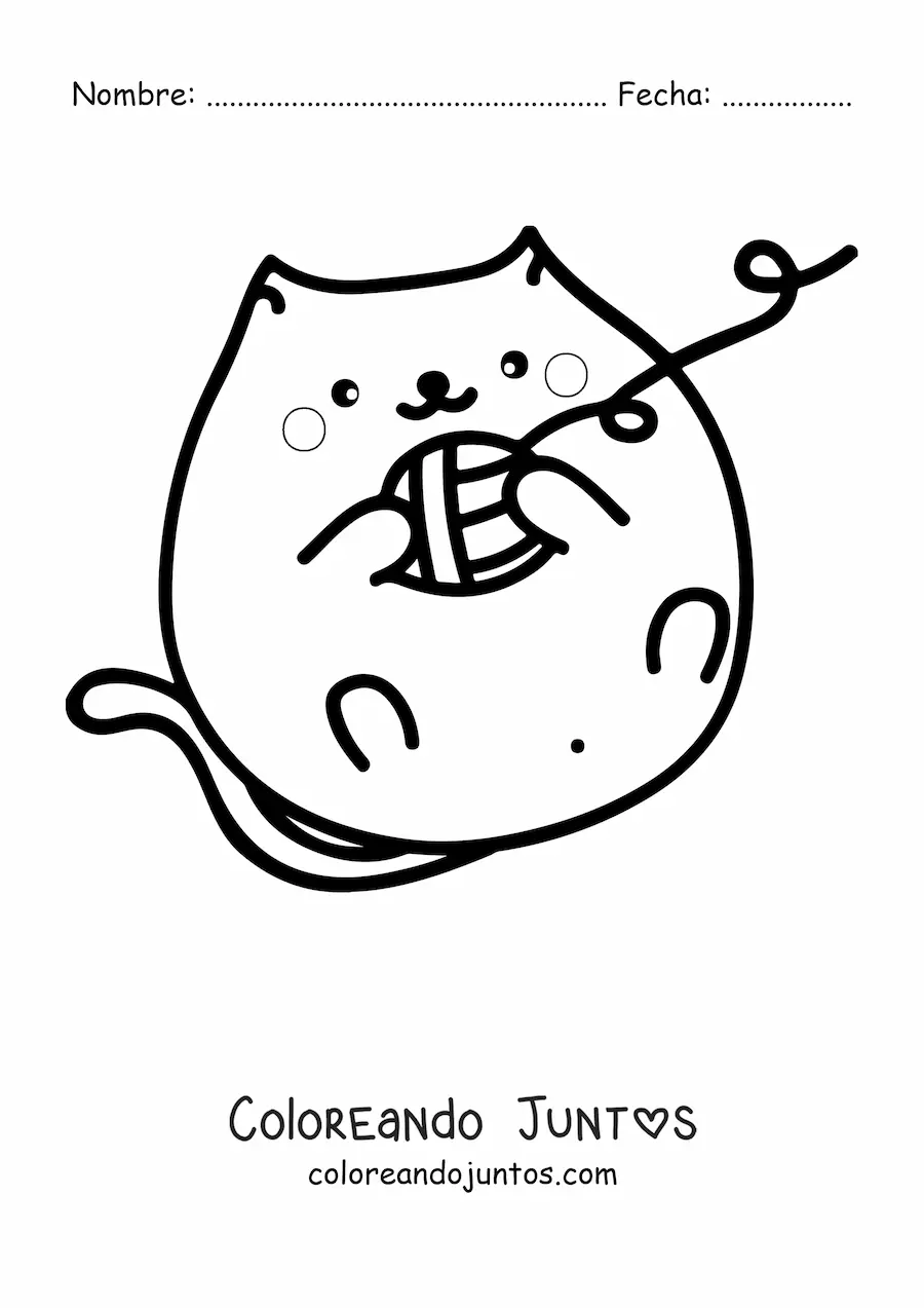 Imagen para colorear de un gato kawaii acostado jugando con un ovillo