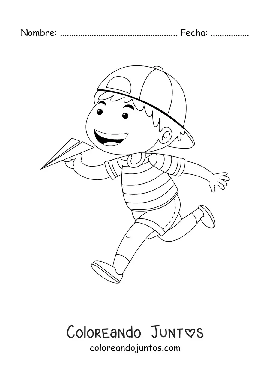 Imagen para colorear de un niño corriendo sujetando un avión de papel