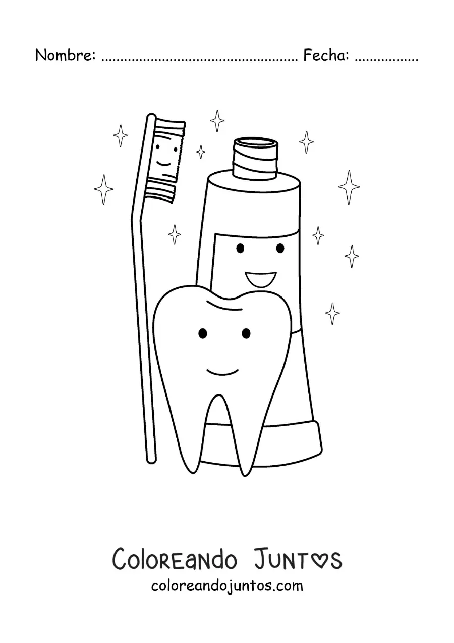 Imagen para colorear de un diente animado junto a un tubo de pasta dental y un cepillo