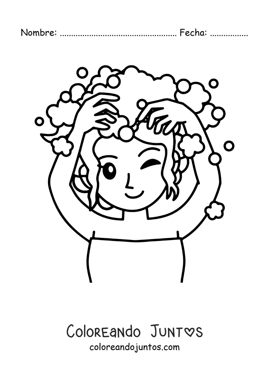 Imagen para colorear de una chica kawaii lavando su cabello con shampoo