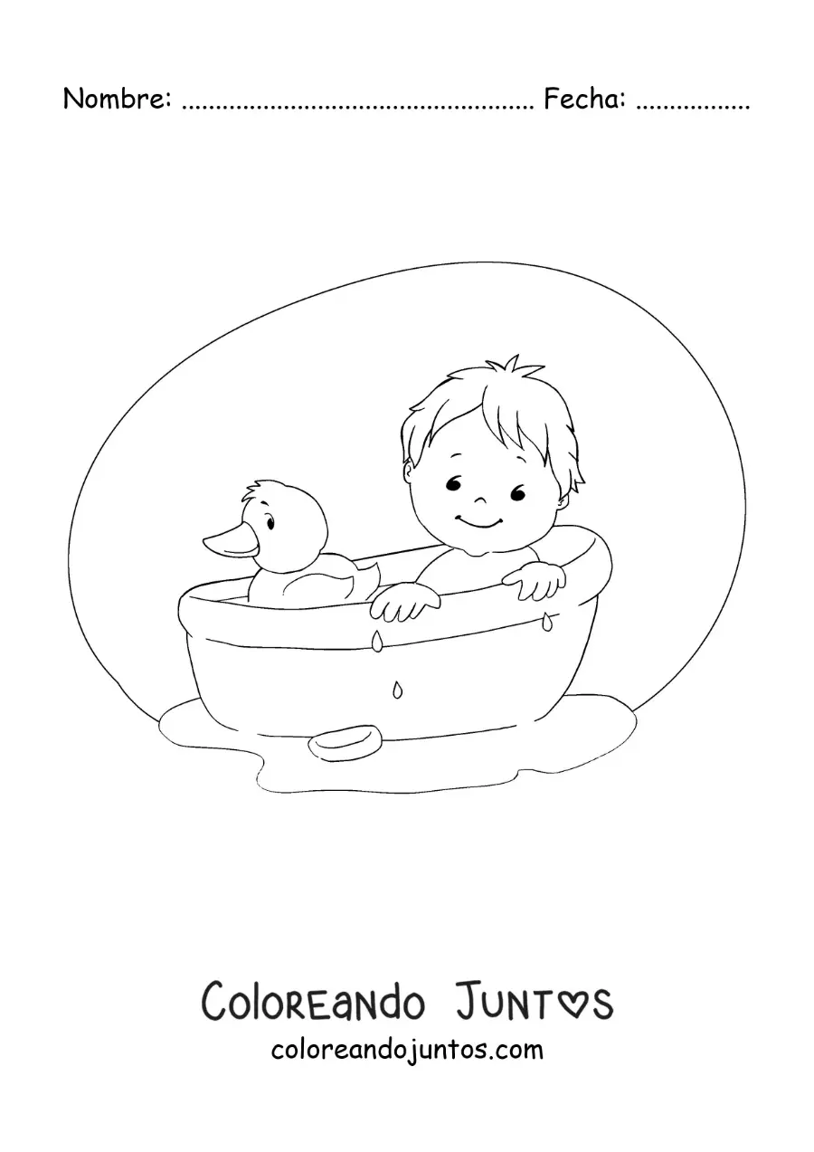 Imagen para colorear de un bebé en la bañera con un patito de hule