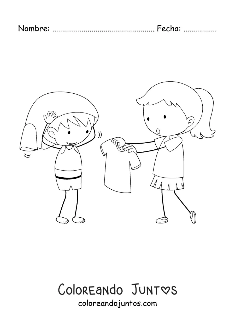 Imagen para colorear de un niña ayudando a su hermanito a vestirse