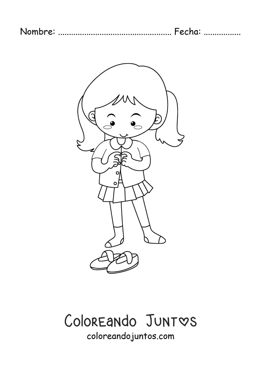 Imagen para colorear de una niña poniéndose el uniforme para ir al colegio