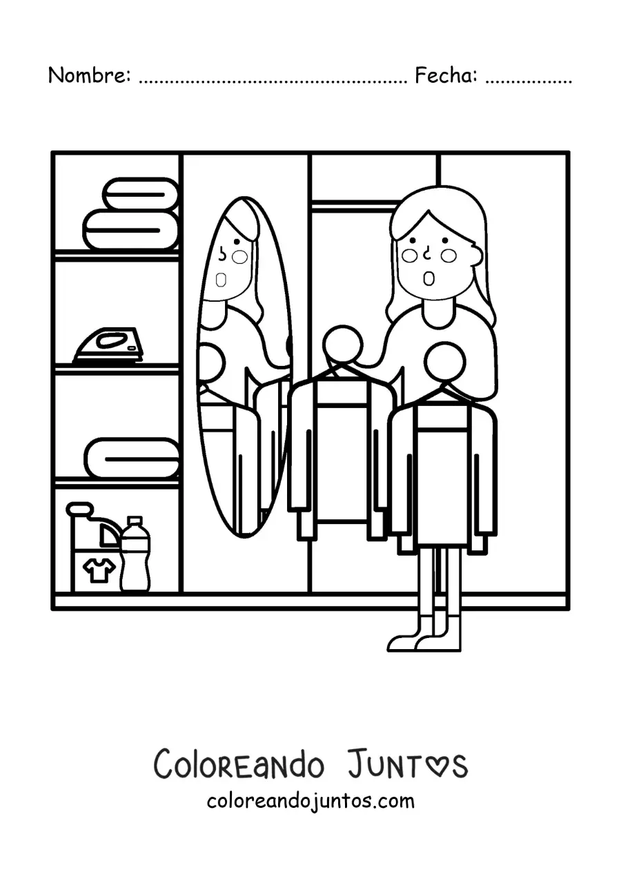 Imagen para colorear de una caricatura de una mujer eligiendo su outfit del armario