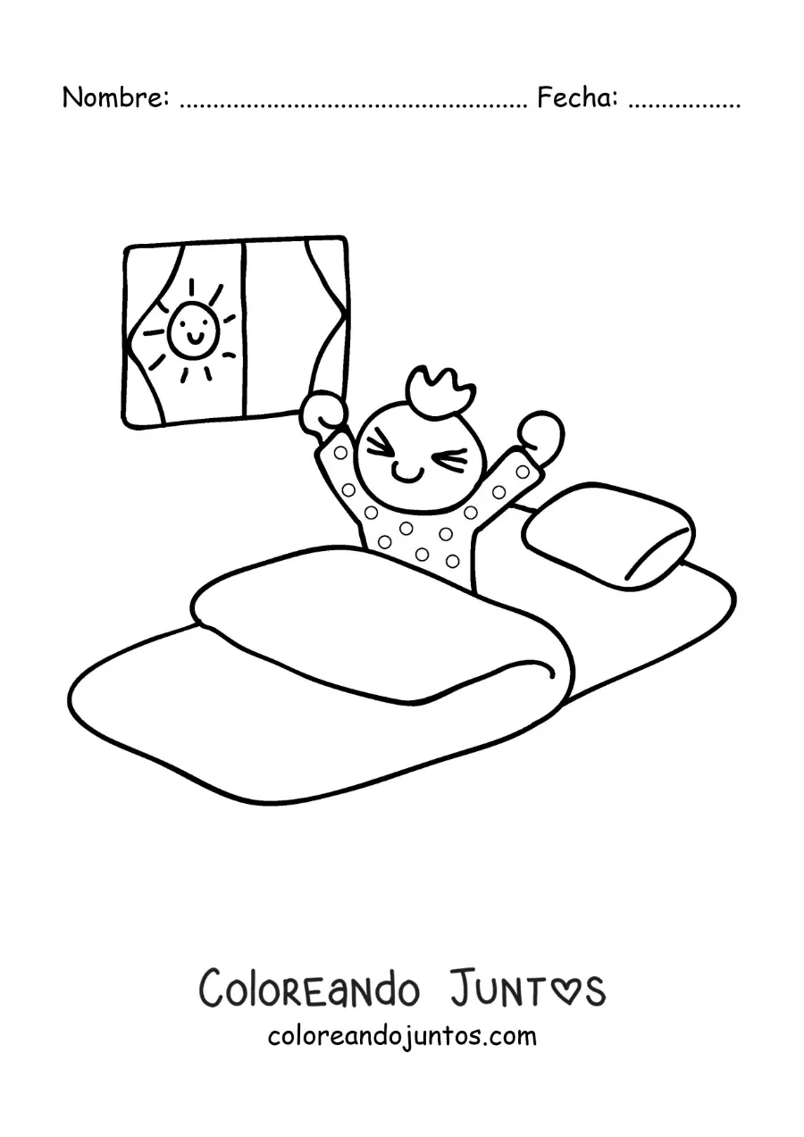 Imagen para colorear de un niño despertando en su habitación en la mañana