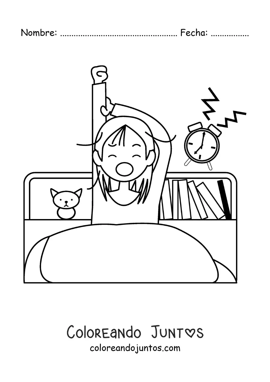 Imagen para colorear de una niña despertando en su habitación con un despertador