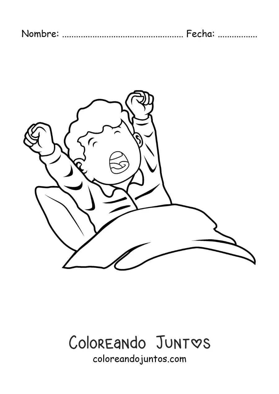 Imagen para colorear de un niño bostezando en su cama al despertar