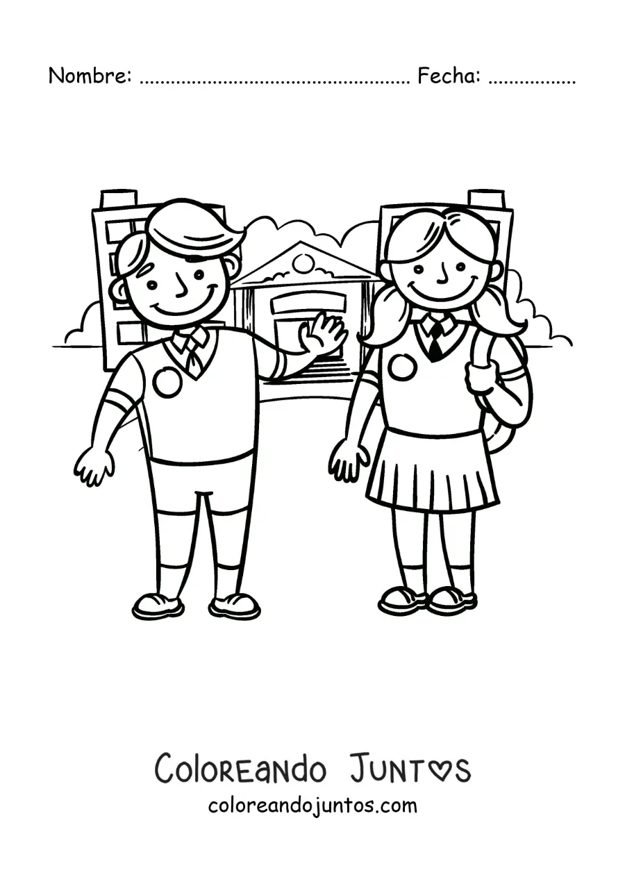Imagen para colorear de dos niños animados con uniforme frente a la escuela