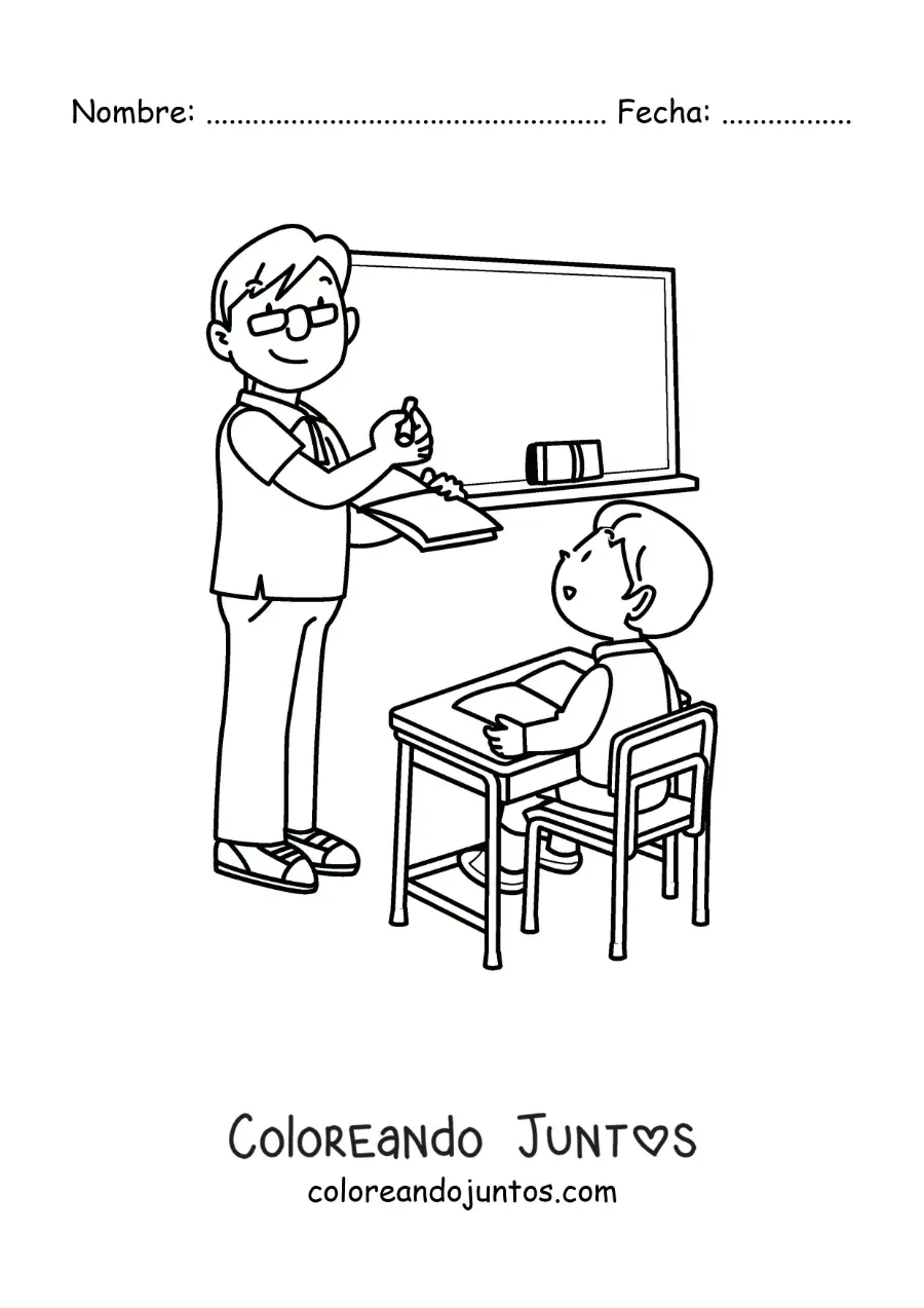 Imagen para colorear de un niño en el pupitre con su maestro explicando en la pizarra