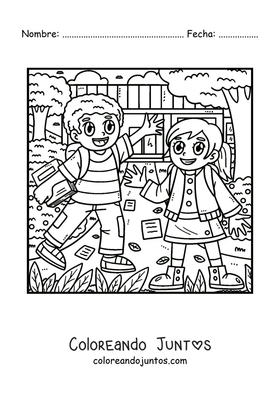 Imagen para colorear de dos niños animados caminando a la escuela